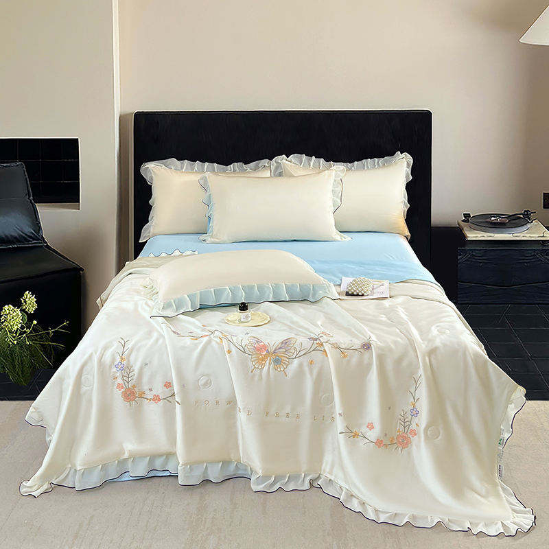 Custom OEM ODM Wholesale Skin Friendly Lyocell Cooling Summer Quilt Set 4pcs Butterfly Embroidery Ruffle Design for Hotel Home