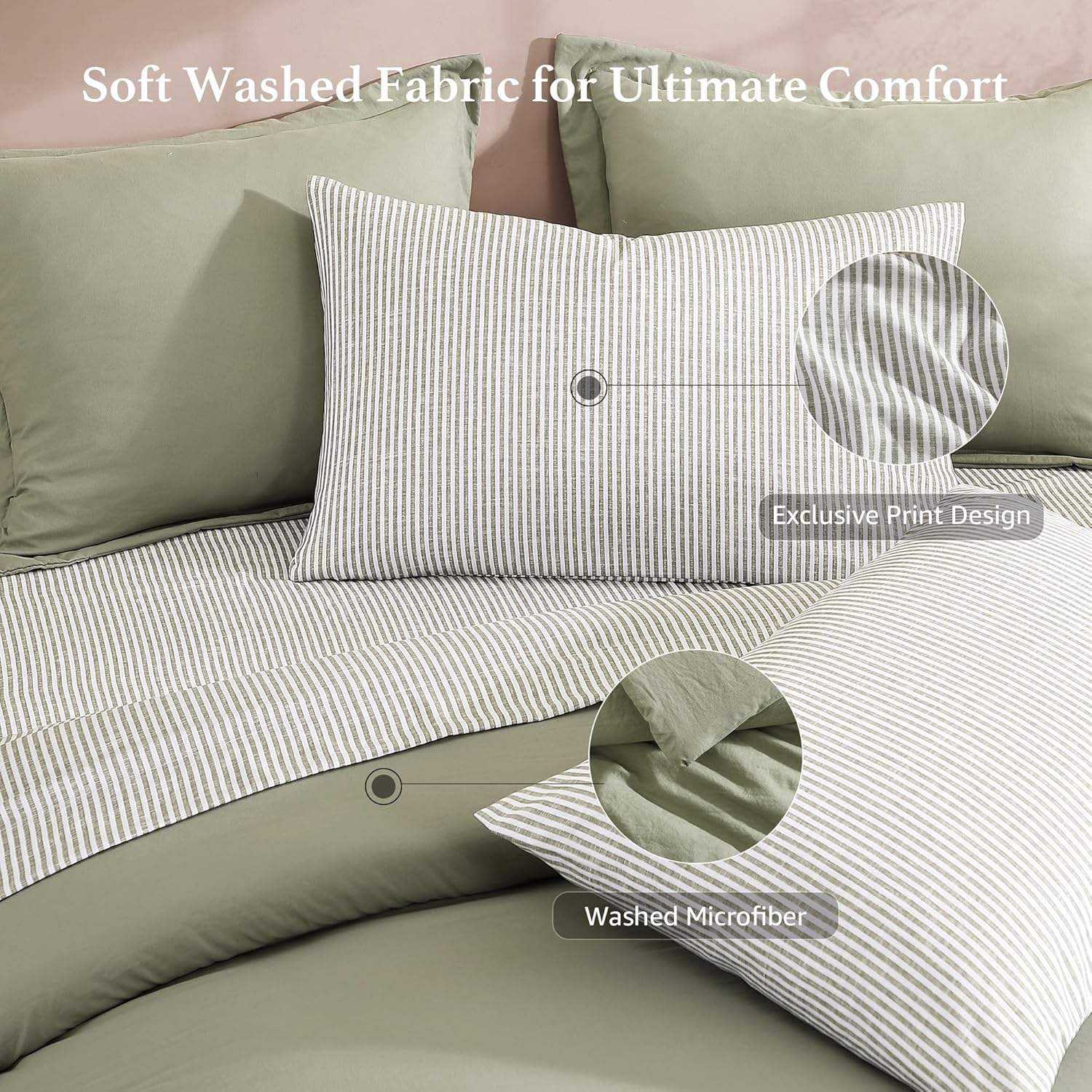 Custom 7 Pieces Olive Green Solid Comforter Set Bed In A Bag Design Washed Microfiber All Season for Bedroom Home OEMODM