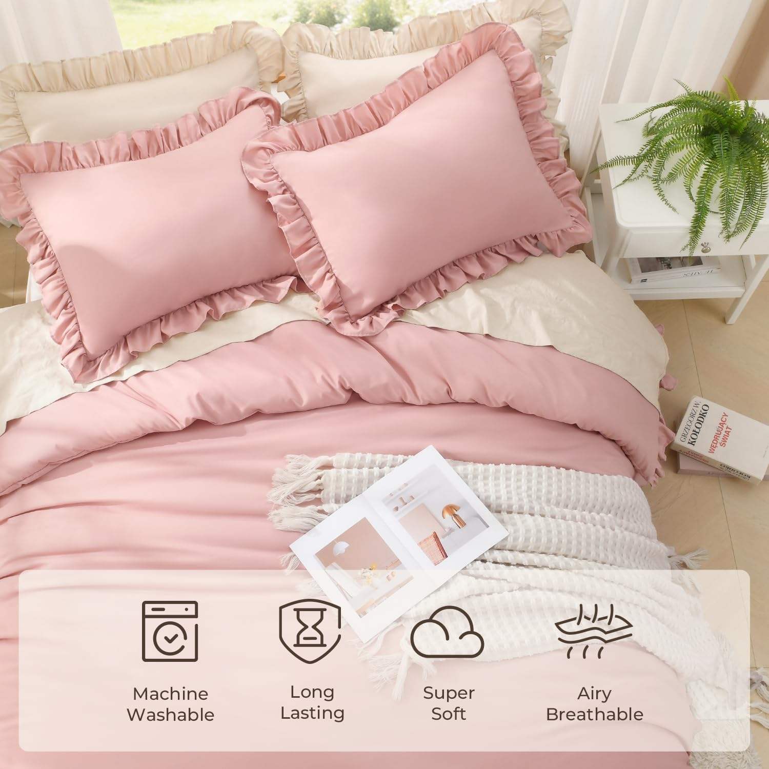 Custom 3 Pieces Pink Ruffle Edge Comforter Set Vintage Shabby Chic Style All Season Soft Breathable for Bedroom Home OEM ODM