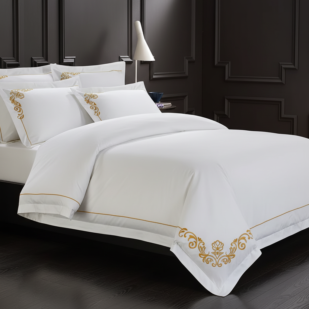 Custom 5 Star Hotel Embroidered Bedding Set Luxury Gold Embroidery Premium Fabric for Bedroom Hotel OEM ODM