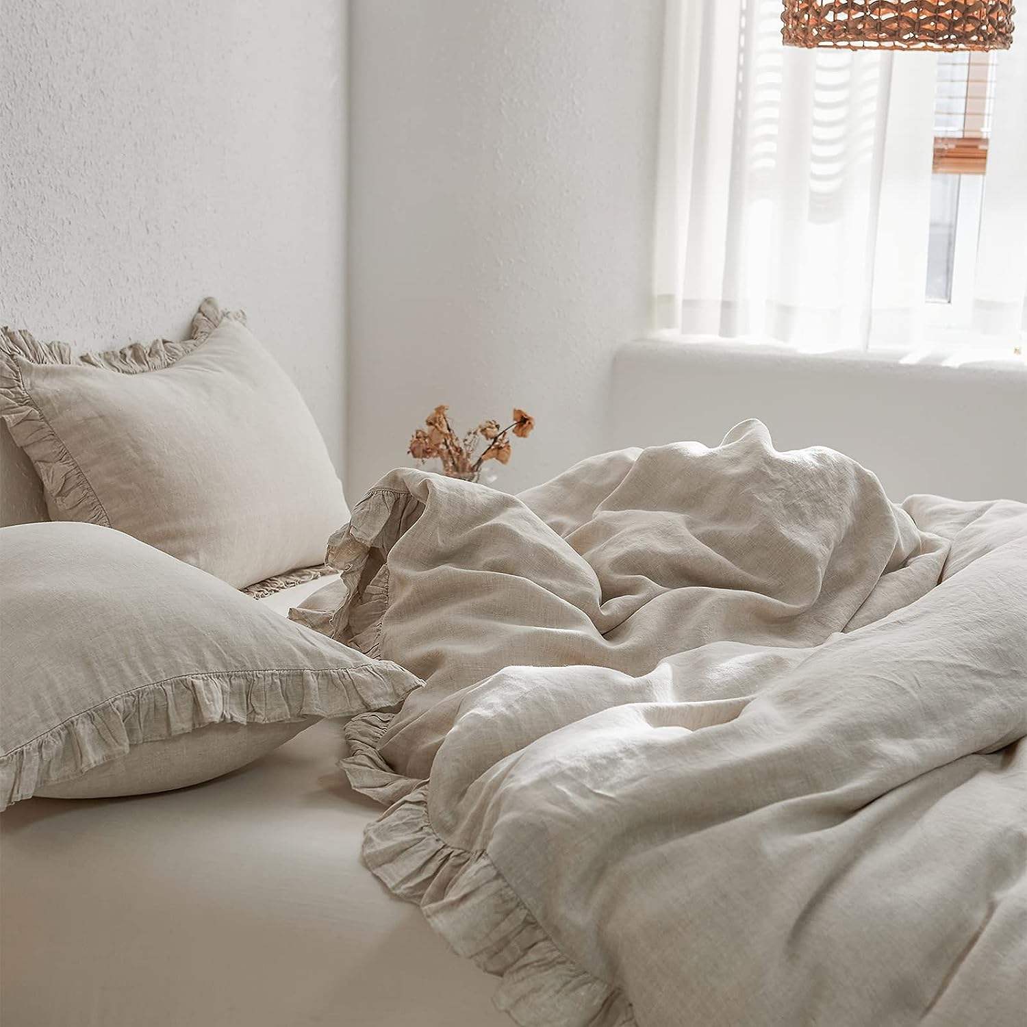 100% Washed French Linen Polyester Duvet Cover Set Premium Ruffled Farmhouse Bedding Natural Flax High End Frill Sets