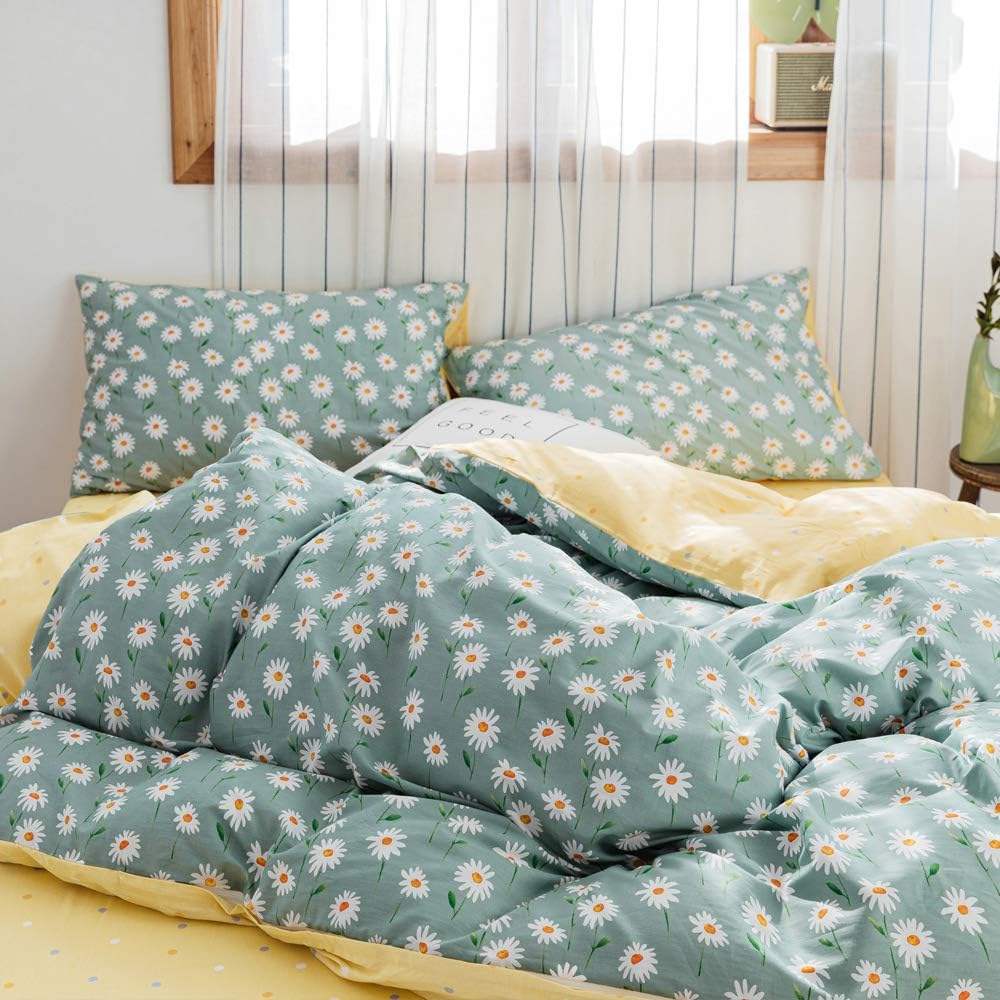 King Size 100% Cotton Daisy Floral Duvet Cover Set Super Soft Flower Pattern Bedding Set with 2 Pillowcases