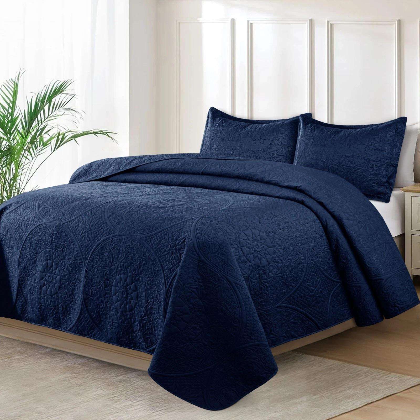 Navy Blue Jacquard Quilted Bedspread Set Three Piece Hotel Quality Breathable Fabric Double Bed Cover Home Bedroom Decor