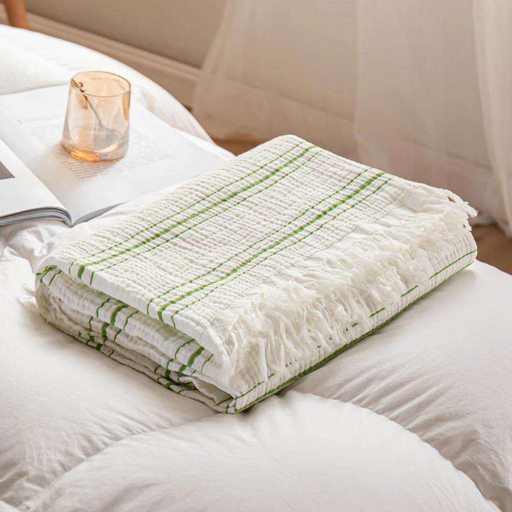 Wholesale White Green Striped Throw Blanket with Tassels Soft Breathable Woven Fabric for Sofa and Home Decor OEM ODM