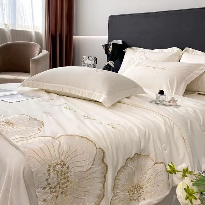 Custom OEM ODM Cool Touch Summer Comforter Set With Flower Embroidery All Season for Hotel Home Bedroom