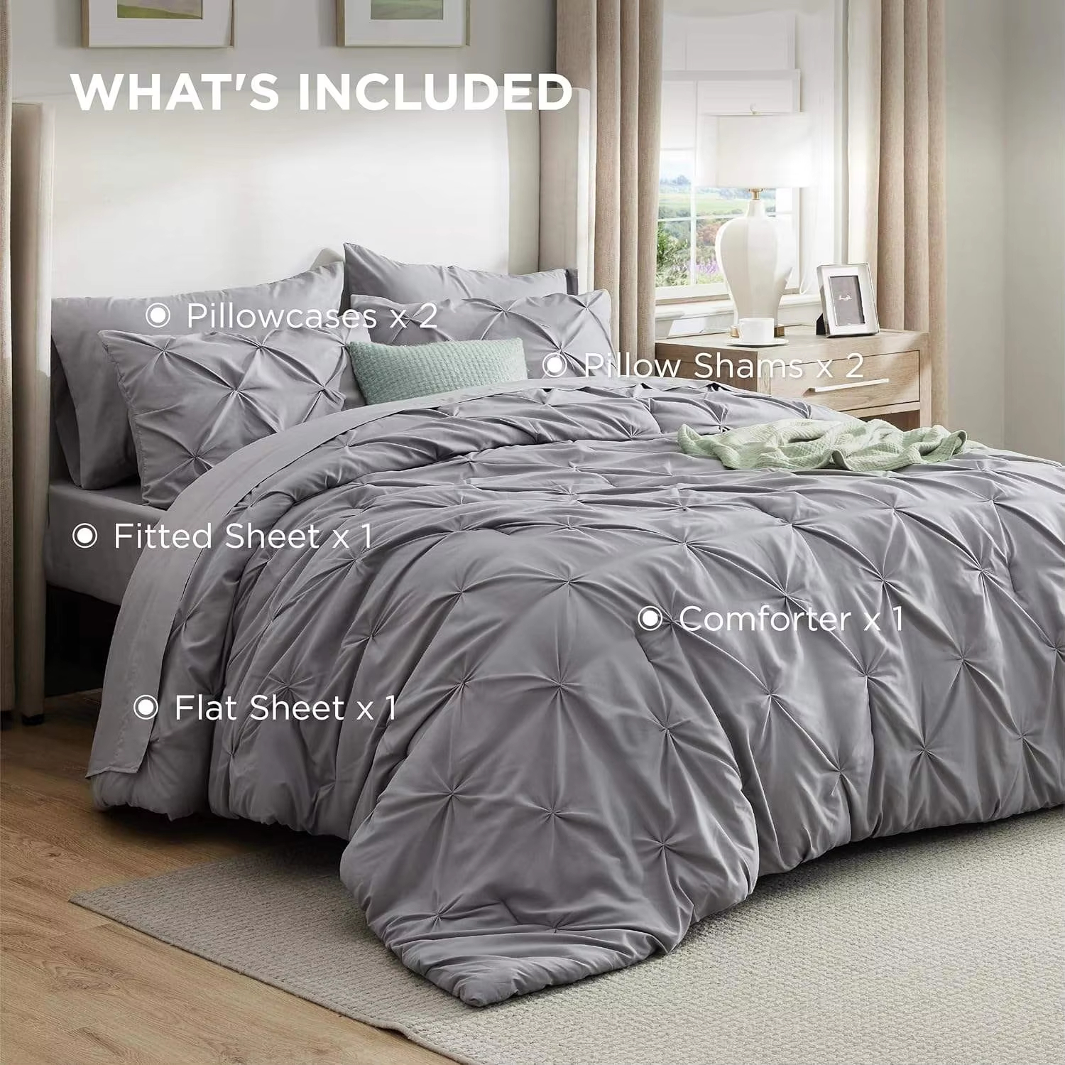 Premium 7 Pieces Tufted Comforter Bed in a Bag Set Pinch Pleat Design Soft Breathable Fluffy Bedding Set for Home Hotel