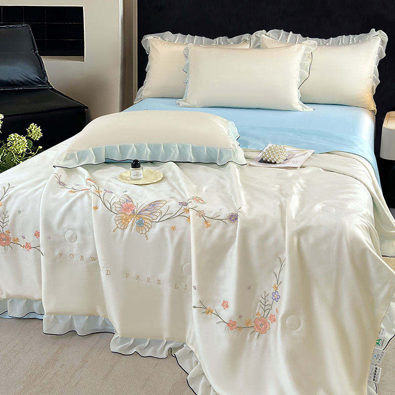 Custom OEM ODM Wholesale Skin Friendly Lyocell Cooling Summer Quilt Set 4pcs Butterfly Embroidery Ruffle Design for Hotel Home