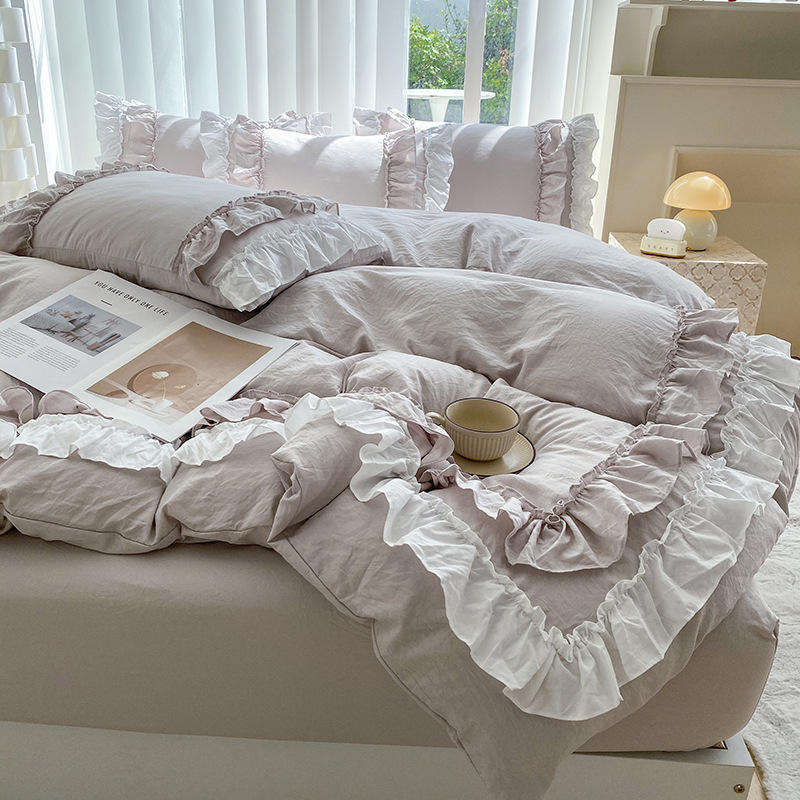 Custom OEM ODM Palace Style Ruffle Double Layer Bedding Set 200TC Reactive Dyed for Wedding Hotel Home