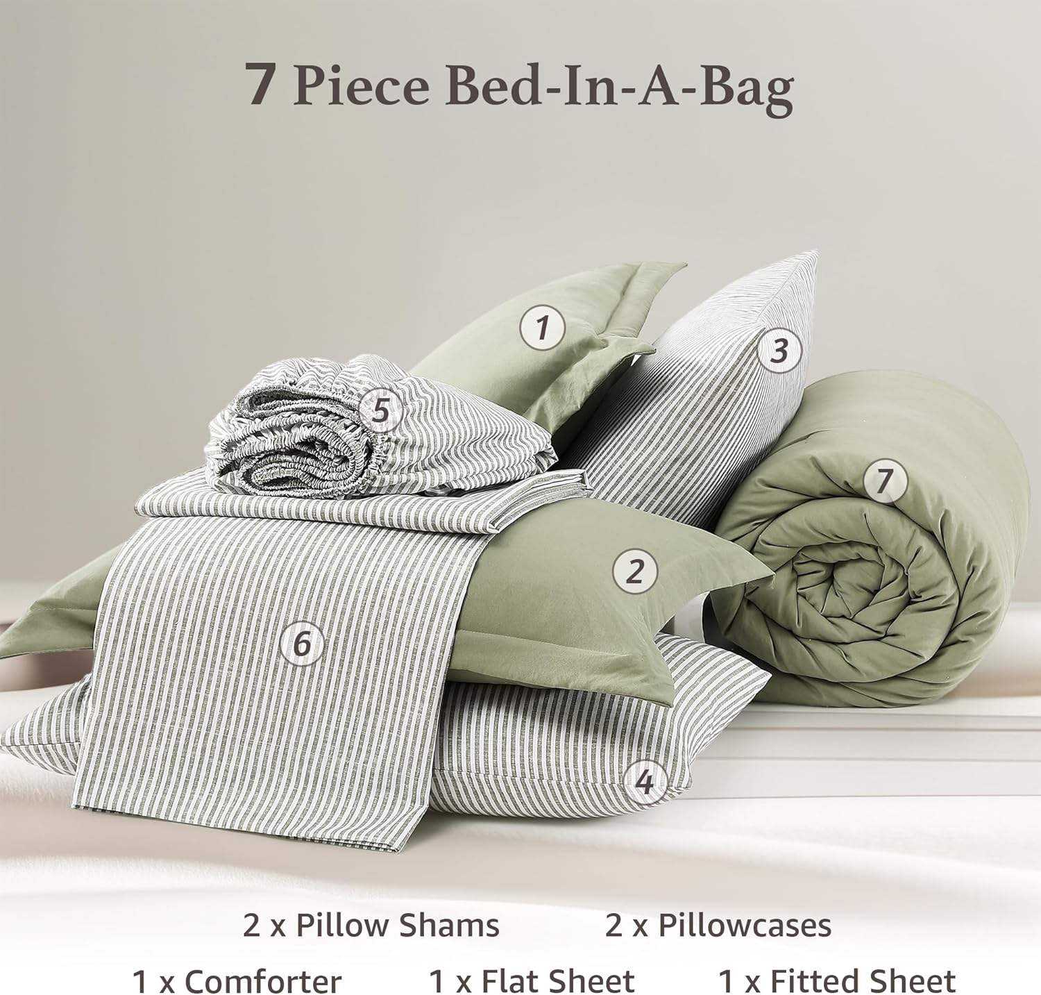 Custom 7 Pieces Olive Green Solid Comforter Set Bed In A Bag Design Washed Microfiber All Season for Bedroom Home OEMODM