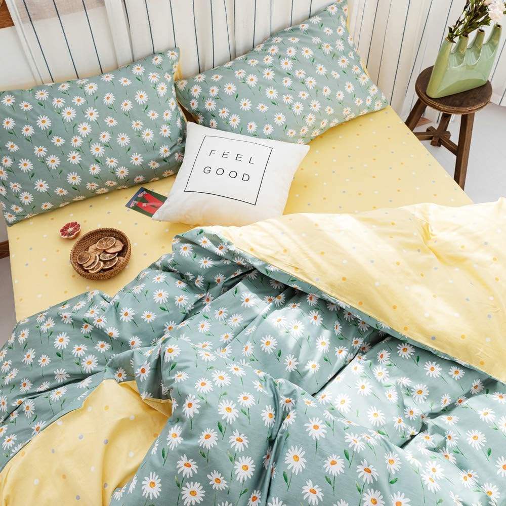 King Size 100% Cotton Daisy Floral Duvet Cover Set Super Soft Flower Pattern Bedding Set with 2 Pillowcases