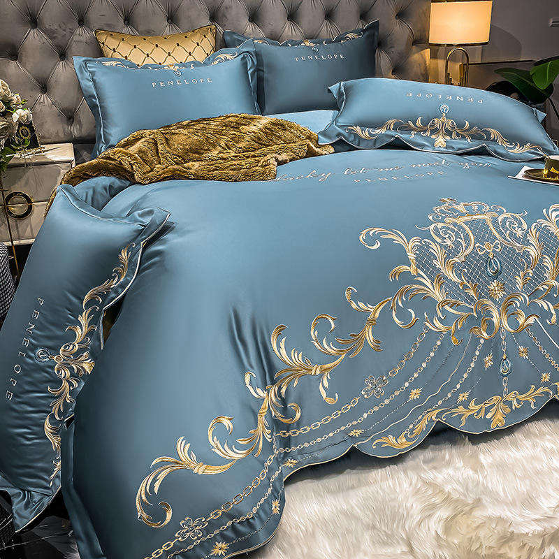 OEM ODM Wholesale Luxury Ice Silk Cotton Bedding Set European Style With Embroidery Skin Friendly Breathable Modern for Home
