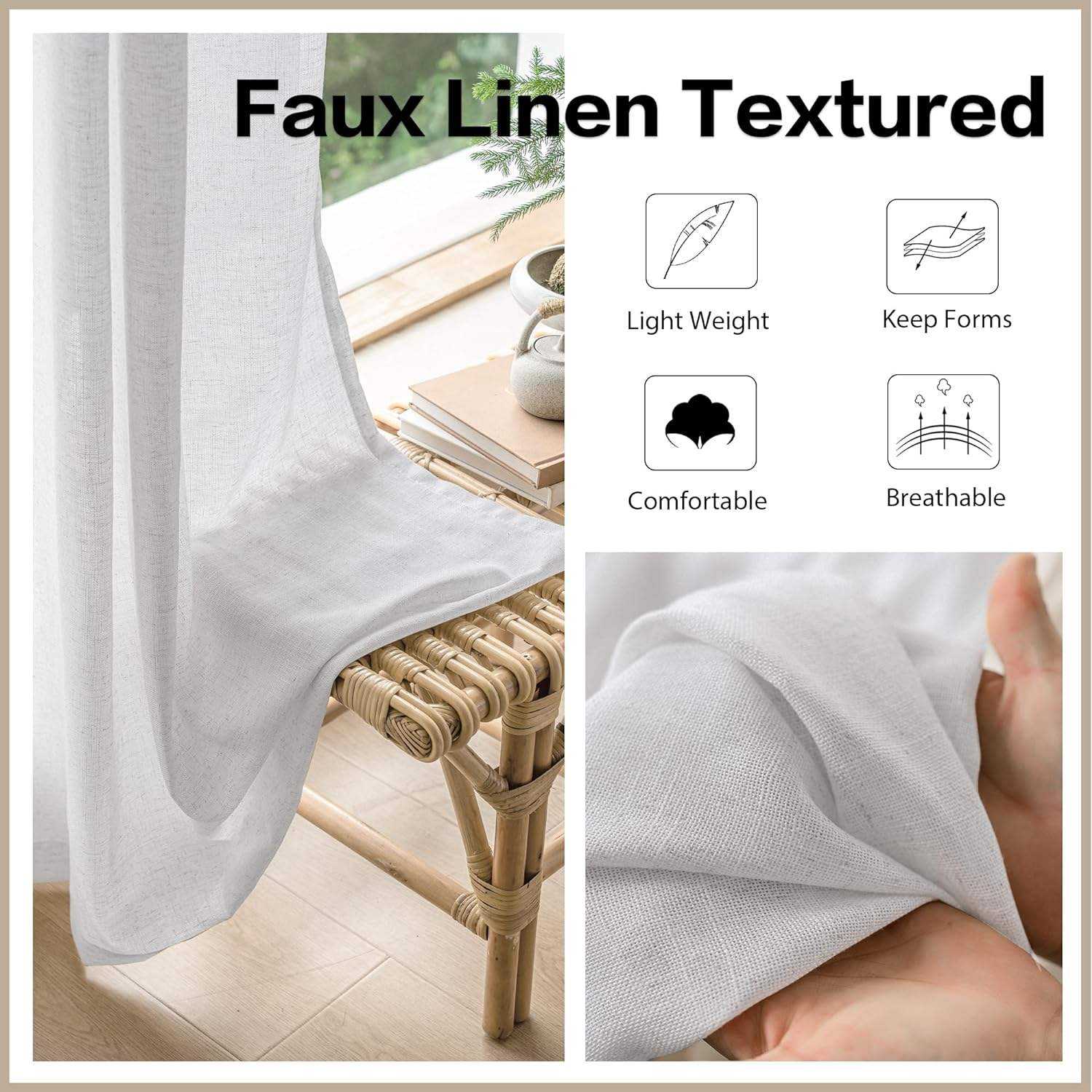 Lightweight White Linen Look Curtains Breathable Flax Fabric Customizable Polyester for Home and Hotel Use OEM ODM