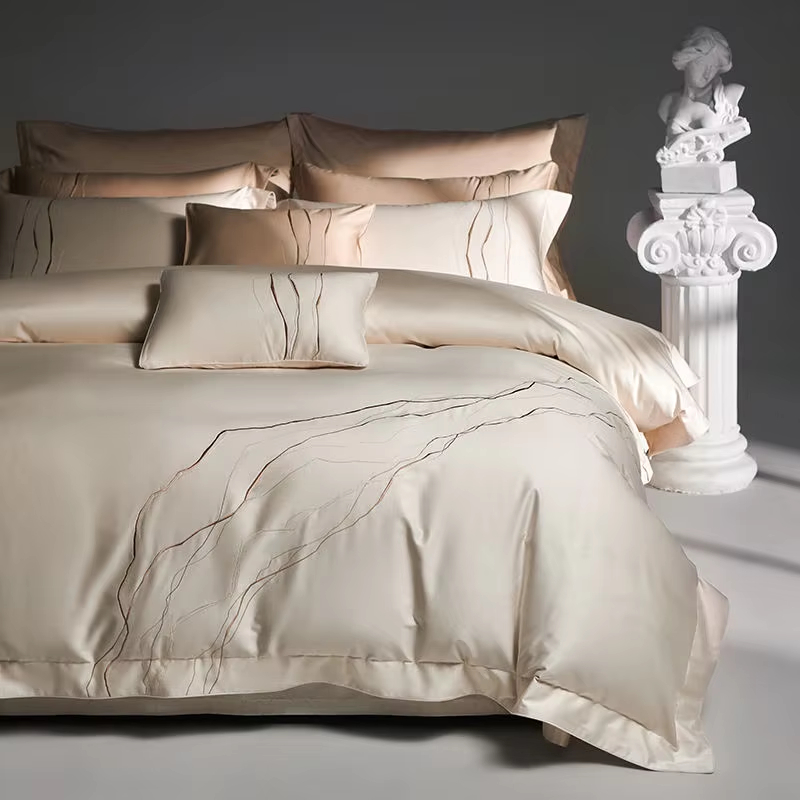 Factory New Style Custom OEM ODM 700TC Egyptian Cotton Bedding Set Four Piece Marble Lines Embroidery Luxury Wholesale
