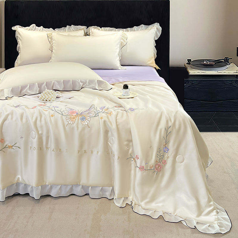 Custom OEM ODM Wholesale Skin Friendly Lyocell Cooling Summer Quilt Set 4pcs Butterfly Embroidery Ruffle Design for Hotel Home