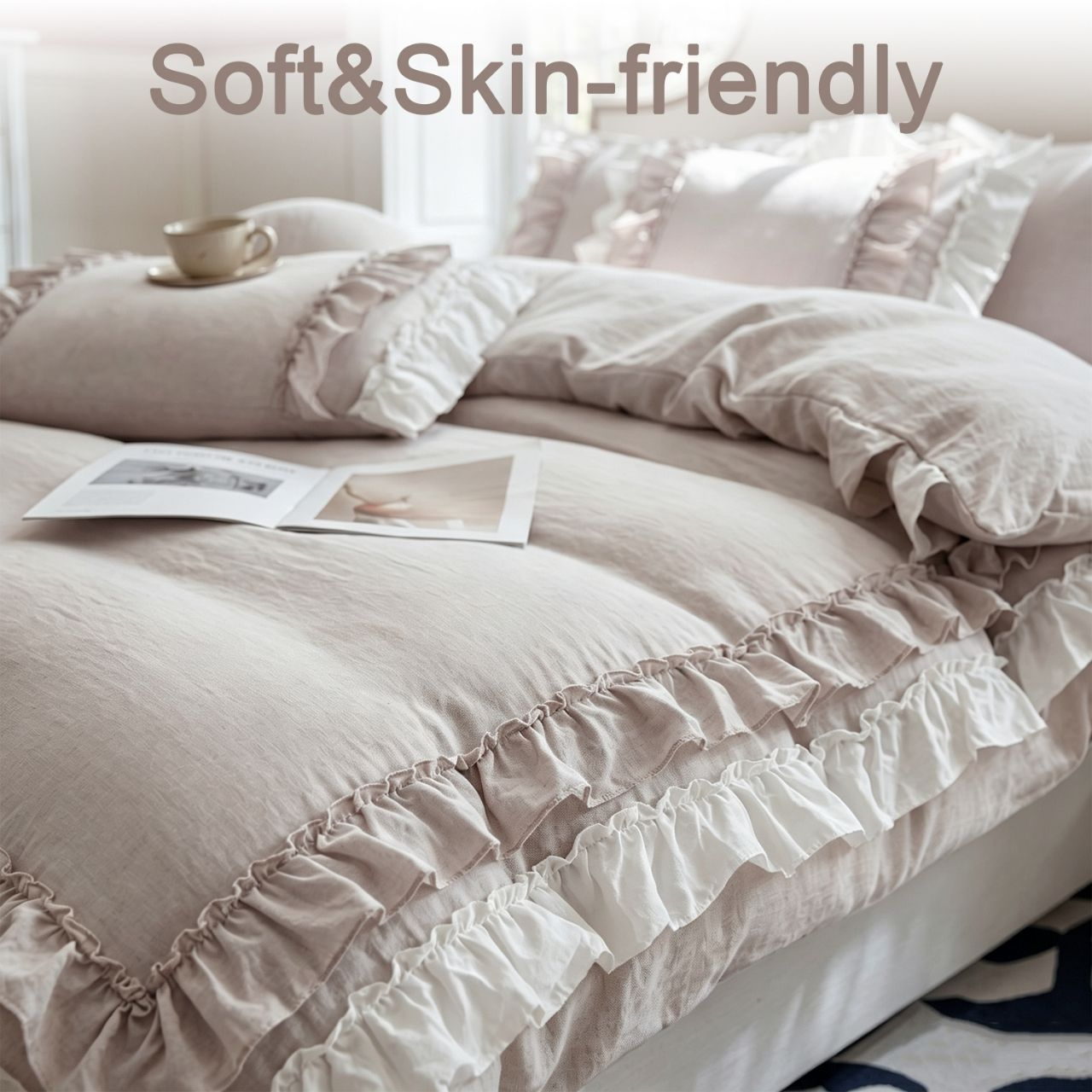 Custom OEM ODM Palace Style Ruffle Double Layer Bedding Set 200TC Reactive Dyed for Wedding Hotel Home