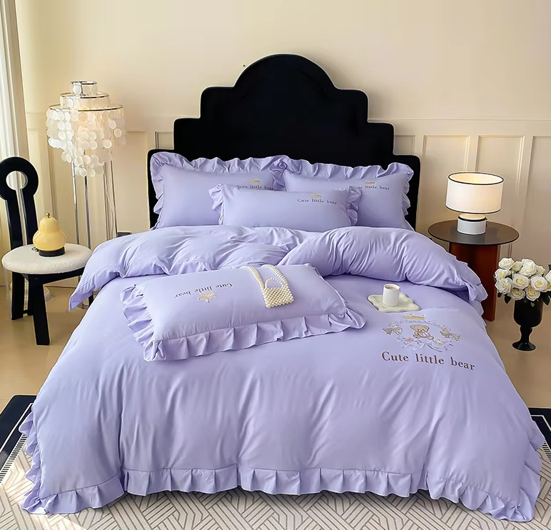 Premium French Style Washed Cotton Bedding Set Ultra Soft Breathable Embroidered Ruffle Trim Bed Set for Home Hotel Decoration