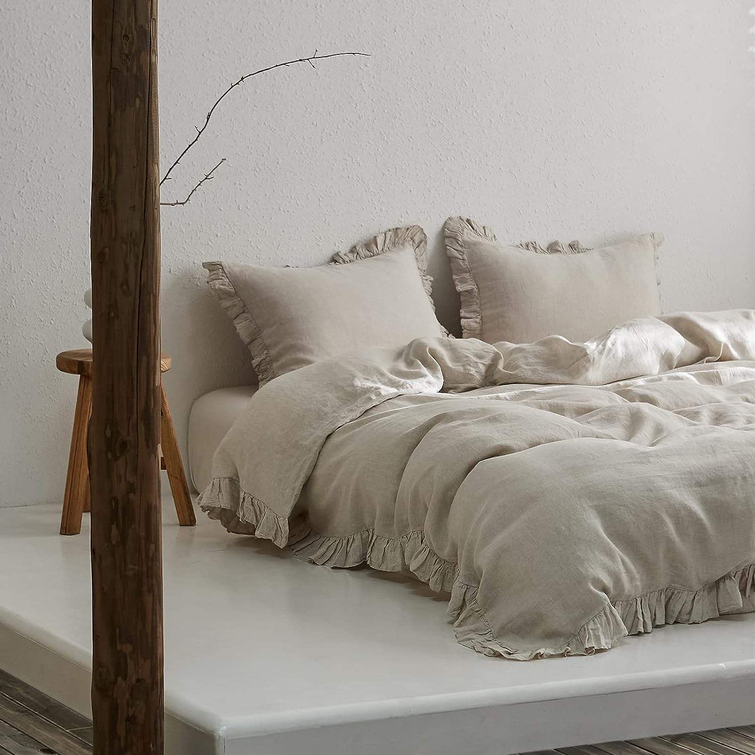 100% Washed French Linen Polyester Duvet Cover Set Premium Ruffled Farmhouse Bedding Natural Flax High End Frill Sets