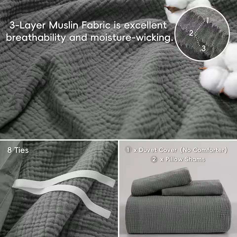 Modern Style 3-Piece 100% Cotton Muslin Comforter Bedding Set Soft Breathable Skin Friendly for Bedroom OEM ODM