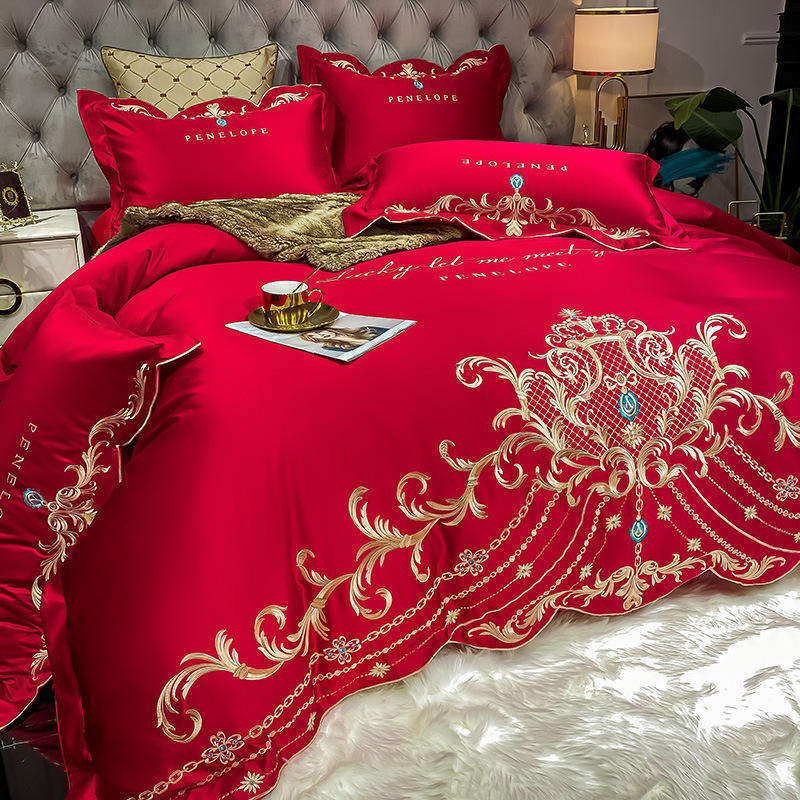 OEM ODM Wholesale Luxury Ice Silk Cotton Bedding Set European Style With Embroidery Skin Friendly Breathable Modern for Home
