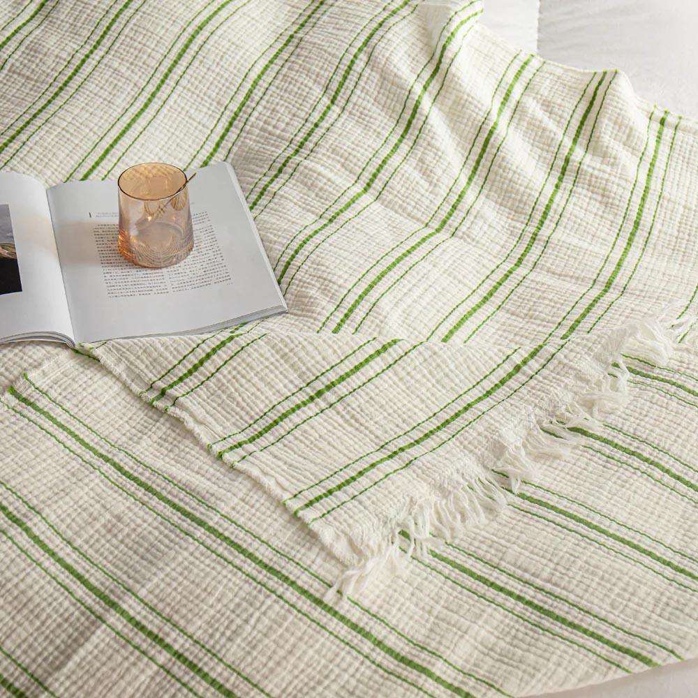 Wholesale White Green Striped Throw Blanket with Tassels Soft Breathable Woven Fabric for Sofa and Home Decor OEM ODM