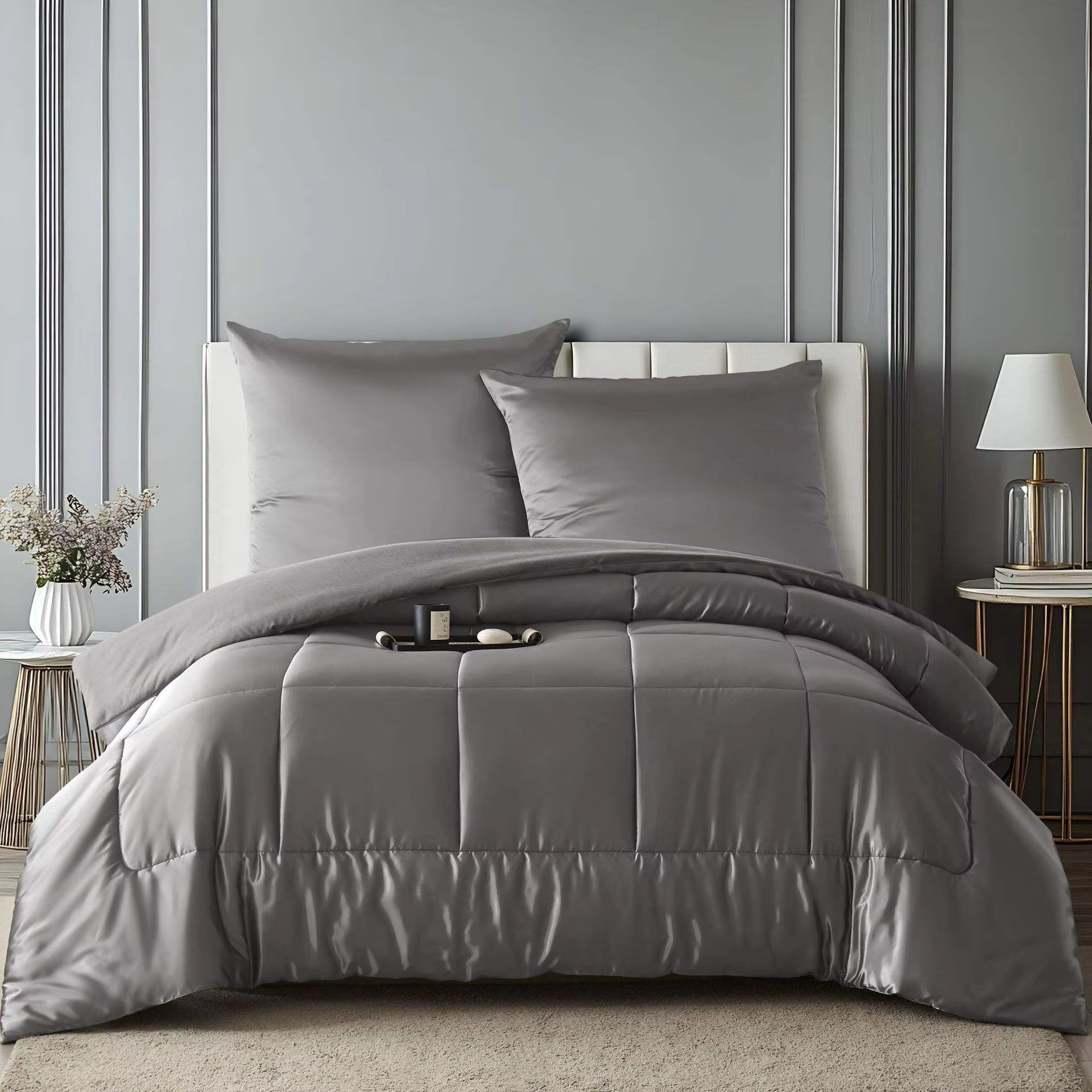 Custom OEM ODM Wholesale All Season 100% Polyester Quilted Comforter Set Solid Color King Queen Size for Hotel Home
