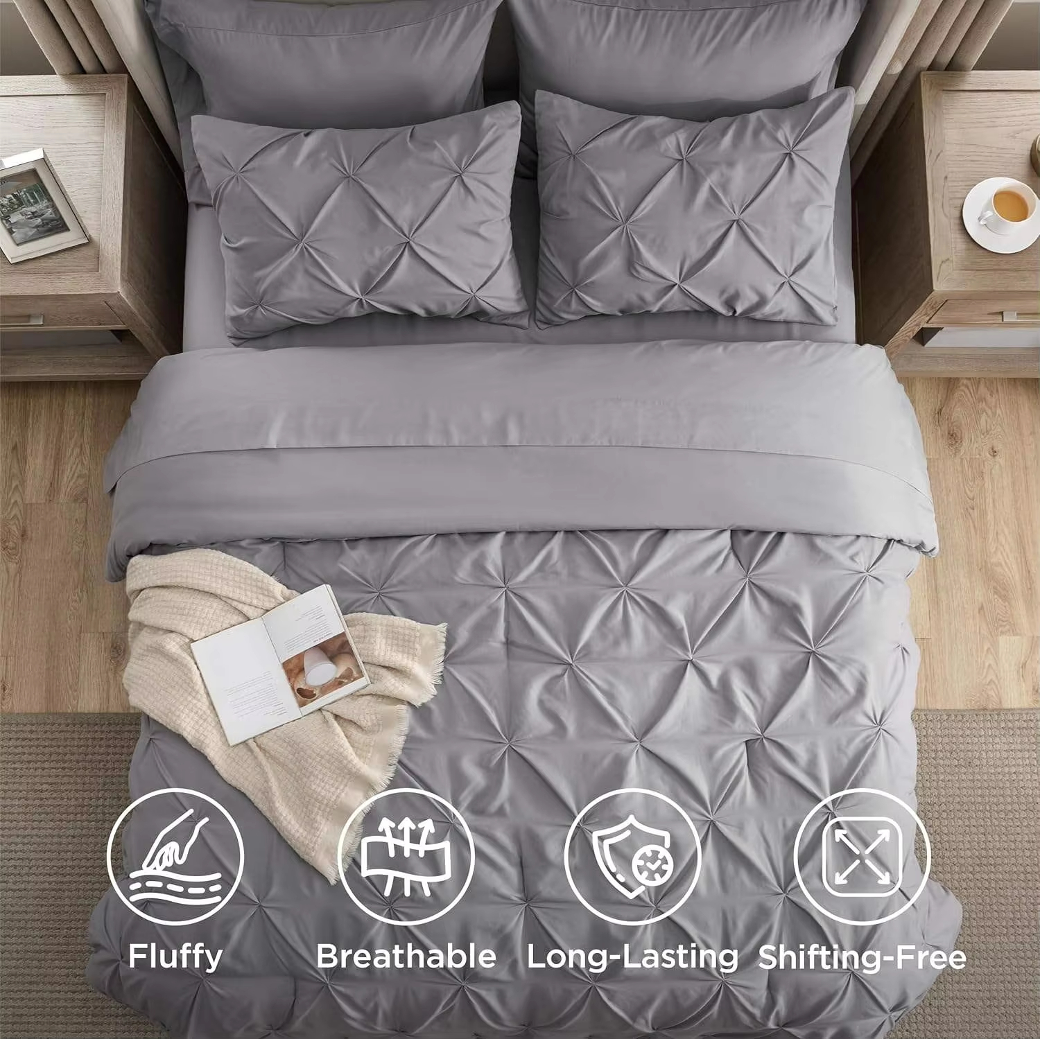 Premium 7 Pieces Tufted Comforter Bed in a Bag Set Pinch Pleat Design Soft Breathable Fluffy Bedding Set for Home Hotel