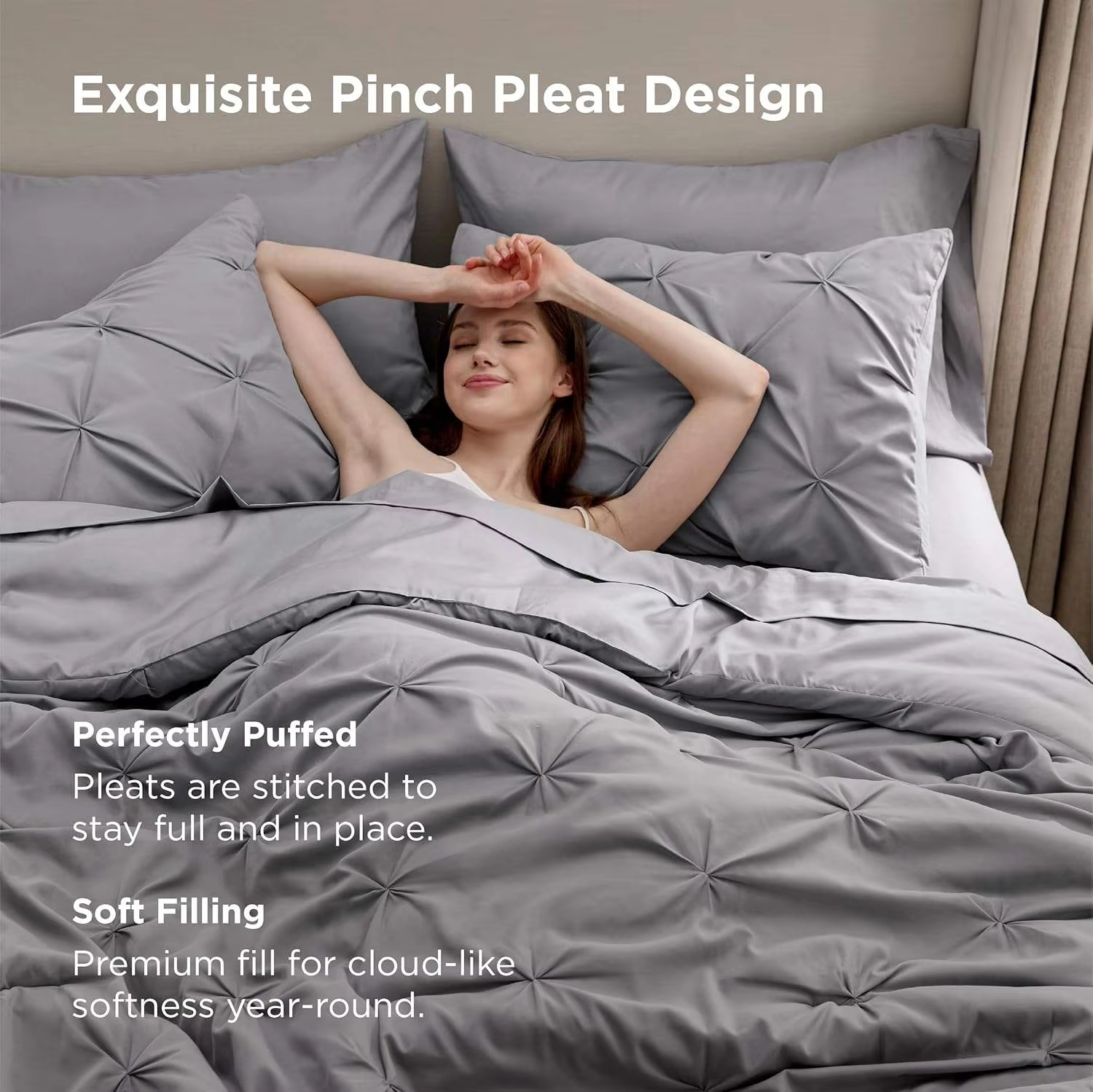 Premium 7 Pieces Tufted Comforter Bed in a Bag Set Pinch Pleat Design Soft Breathable Fluffy Bedding Set for Home Hotel