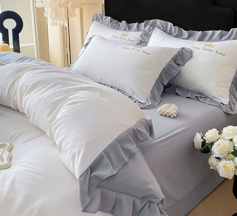 Premium French Style Washed Cotton Bedding Set Ultra Soft Breathable Embroidered Ruffle Trim Bed Set for Home Hotel Decoration