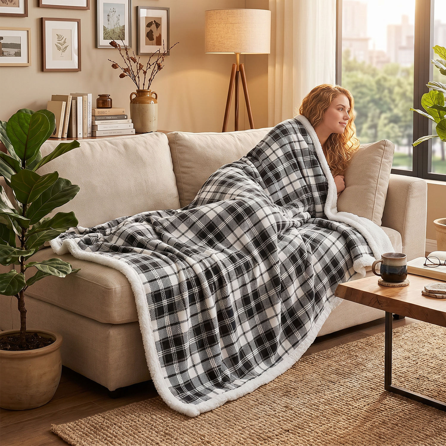 Premium Plaid Sherpa Throw Blanket Double Layer Flannel Soft Breathable Warm Cozy Blanket for Daily Rest and Home Decoration