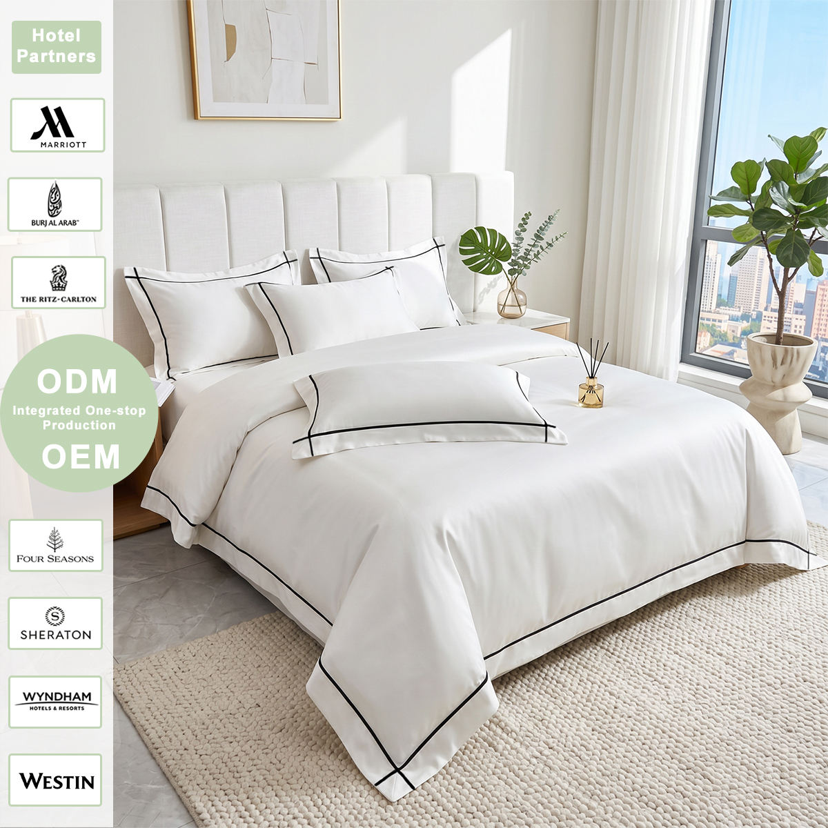 Custom OEM ODM 5 Star Hotel 100% Cotton Bedding Set With Embroidered Trim Skin Friendly Durable for Hotel Homestay Bedroom