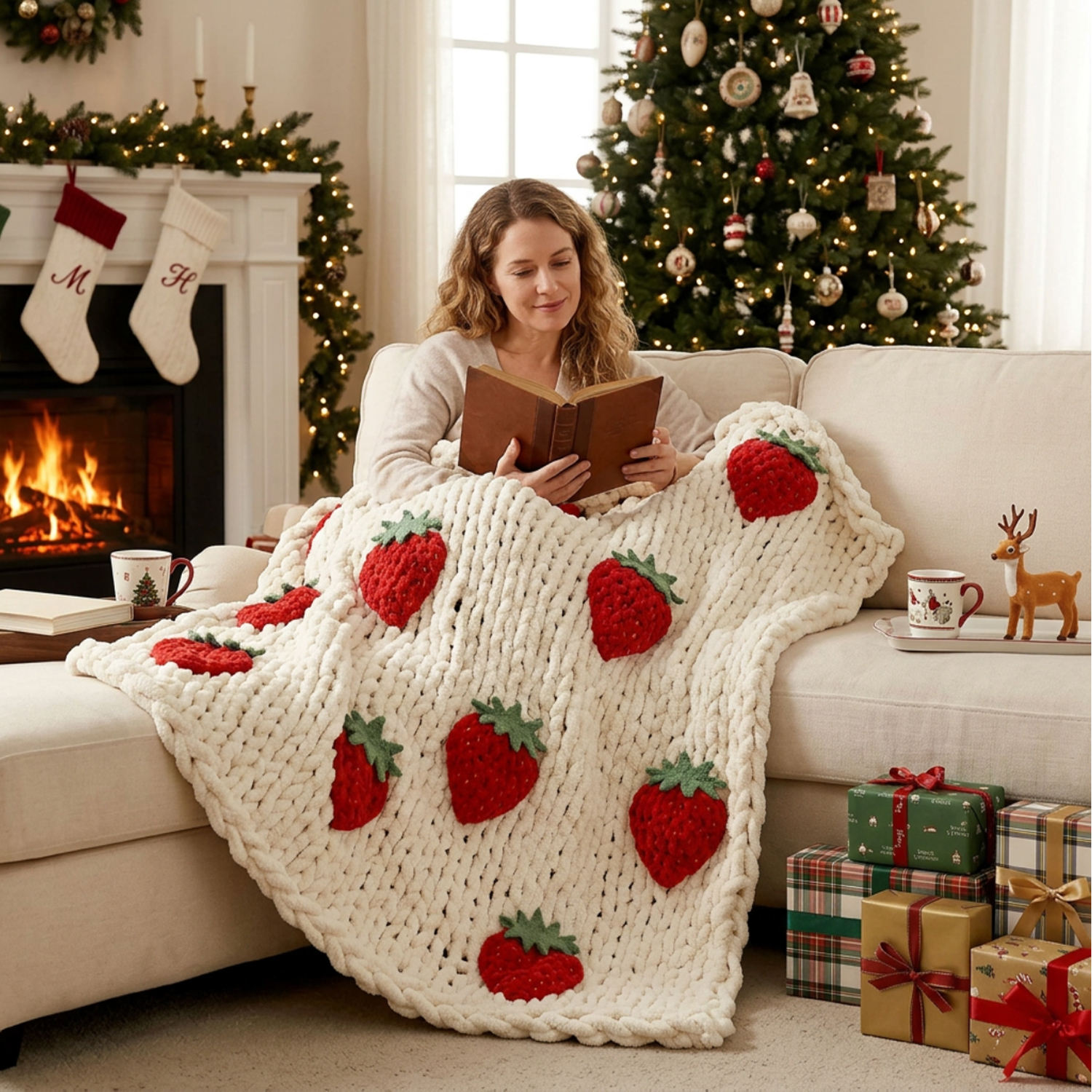 Custom OEM ODM Winter Chunky Chenille Knitted Throw Blanket With Strawberry Christmas Tree Applique Warm Thick Durable for Home