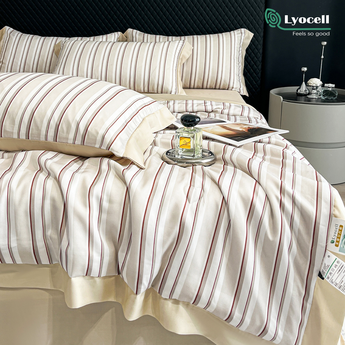 Custom OEM ODM 60S Lyocell Bedding Set Four Piece Striped Print Summer Cooling Quilt for Hotel Home Striped Print Two Colors