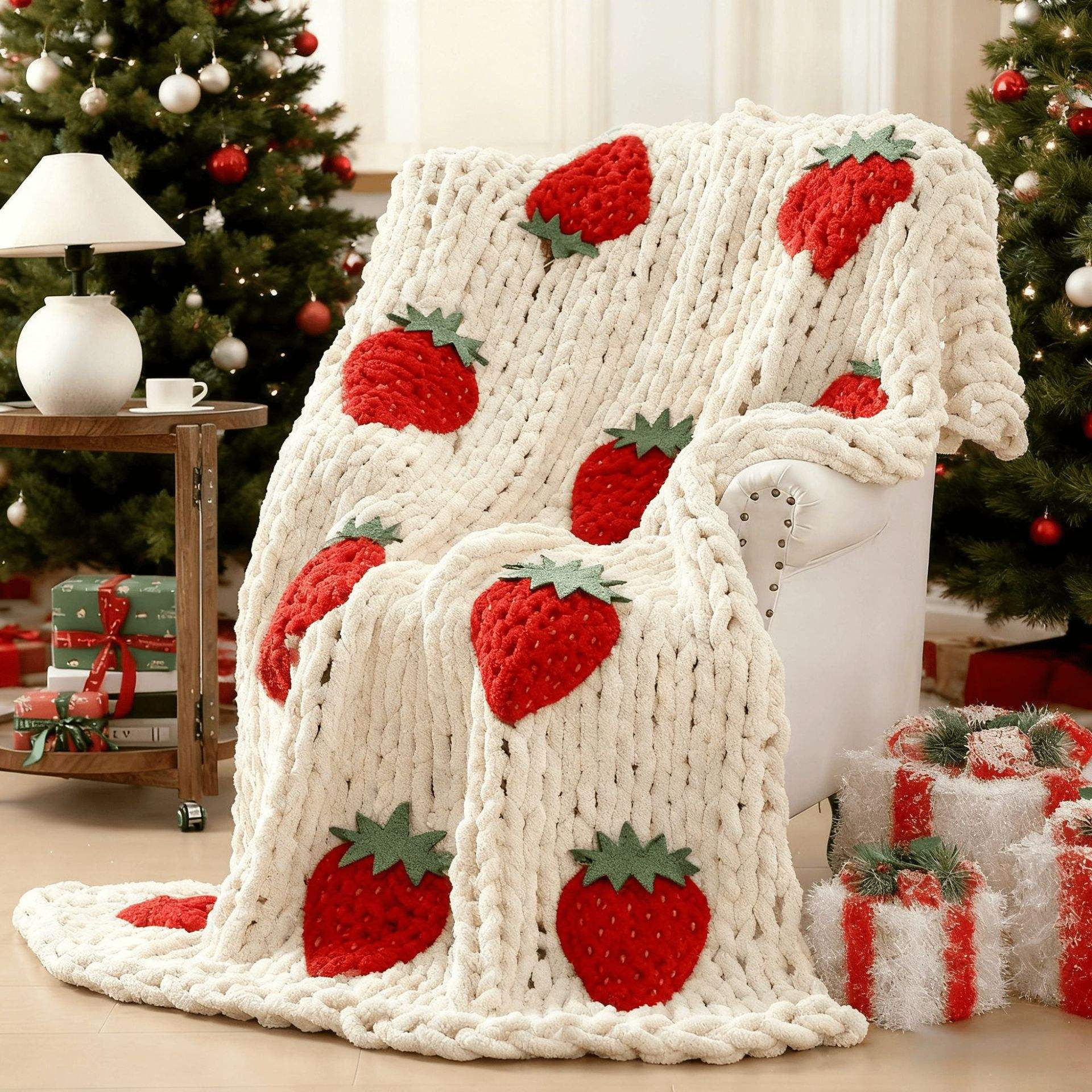 Custom OEM ODM Winter Chunky Chenille Knitted Throw Blanket With Strawberry Christmas Tree Applique Warm Thick Durable for Home