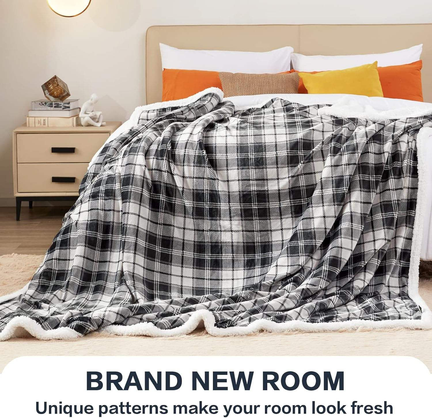 Premium Plaid Sherpa Throw Blanket Double Layer Flannel Soft Breathable Warm Cozy Blanket for Daily Rest and Home Decoration