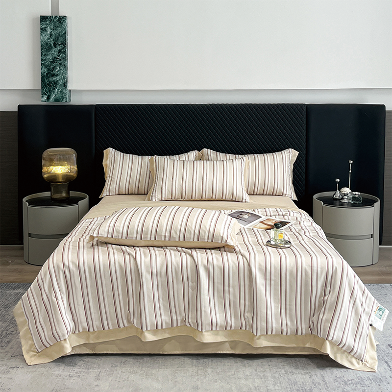 Custom OEM ODM 60S Lyocell Bedding Set Four Piece Striped Print Summer Cooling Quilt for Hotel Home Striped Print Two Colors