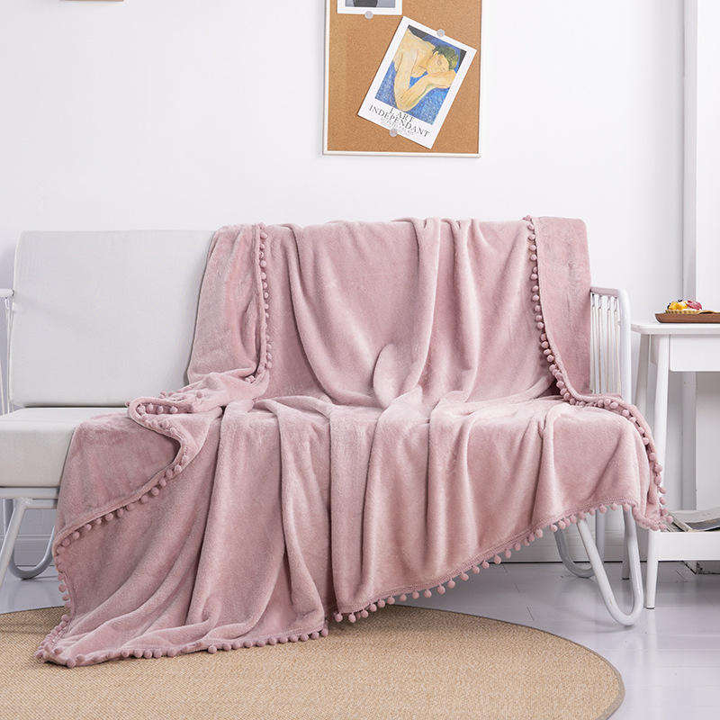 OEM ODM Wholesale Cozy Warm Flannel Blanket With Pom Pom Fringe Skin Friendly for Hotel Homestay Daily Rest Travel