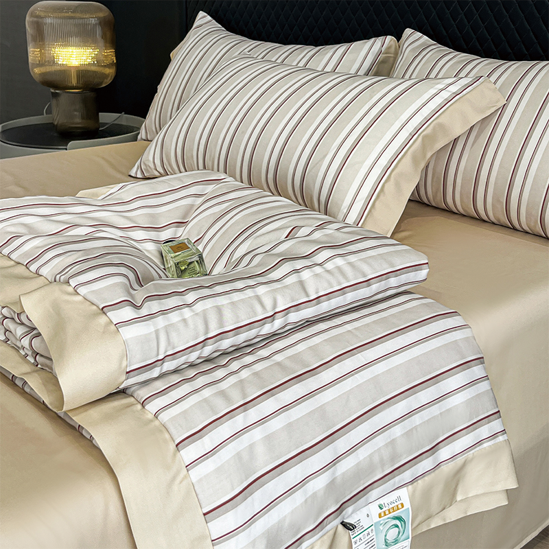Custom OEM ODM 60S Lyocell Bedding Set Four Piece Striped Print Summer Cooling Quilt for Hotel Home Striped Print Two Colors