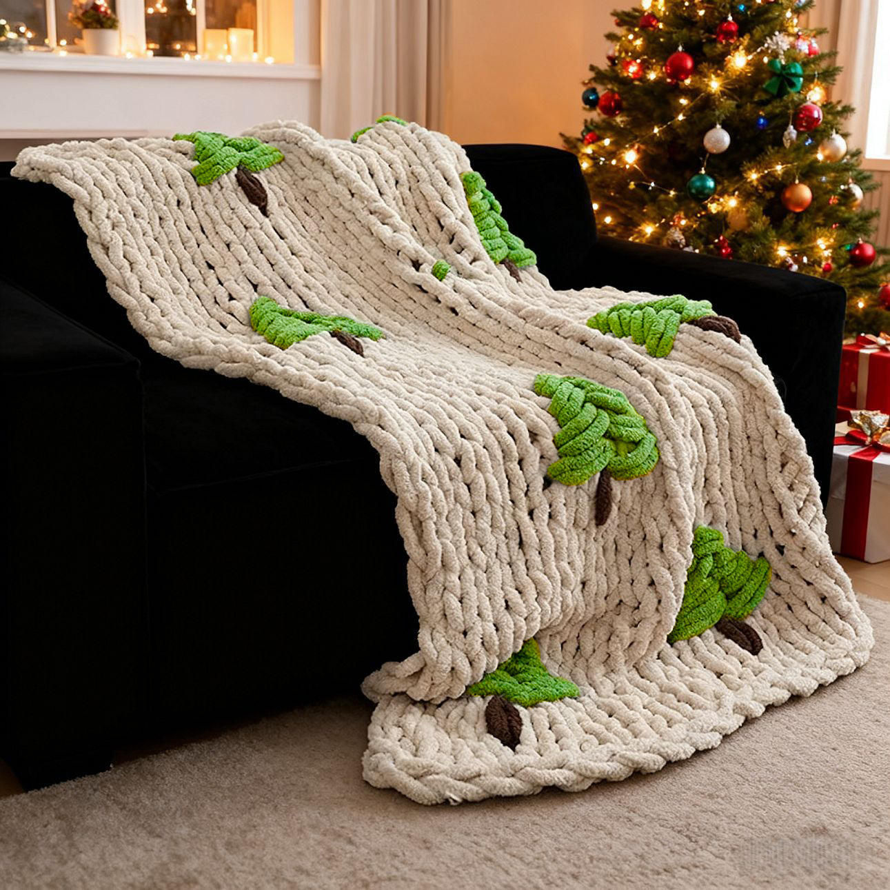 Custom OEM ODM Winter Chunky Chenille Knitted Throw Blanket With Strawberry Christmas Tree Applique Warm Thick Durable for Home