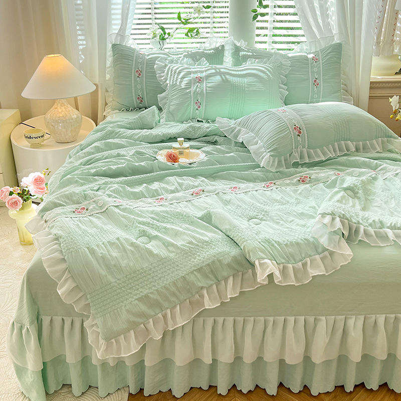 Custom OEM ODM French Style Princess Wind Washed Cotton Four Piece Bed Skirt Set With Embroidery for Summer Home Bedroom