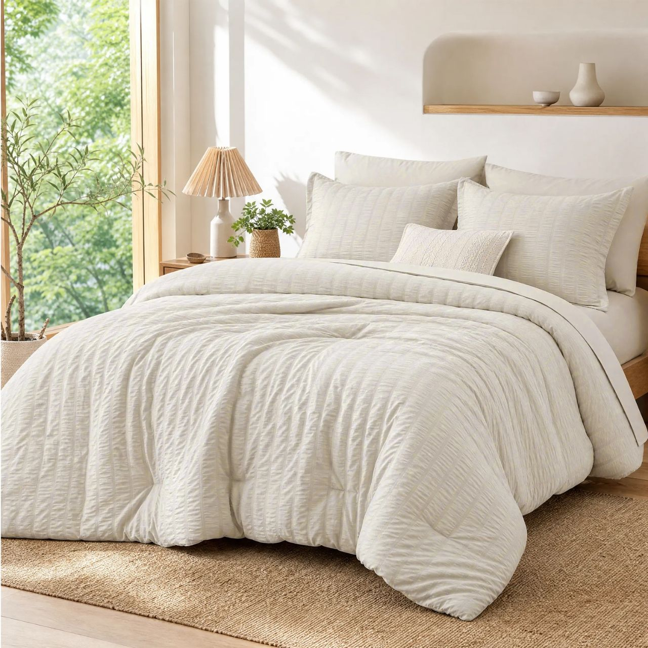 Luxury Seersucker Crinkle Comforter Set 3 Pcs Solid Color Double Sided Soft Lightweight All Season Bedding Set for Home Bedroom