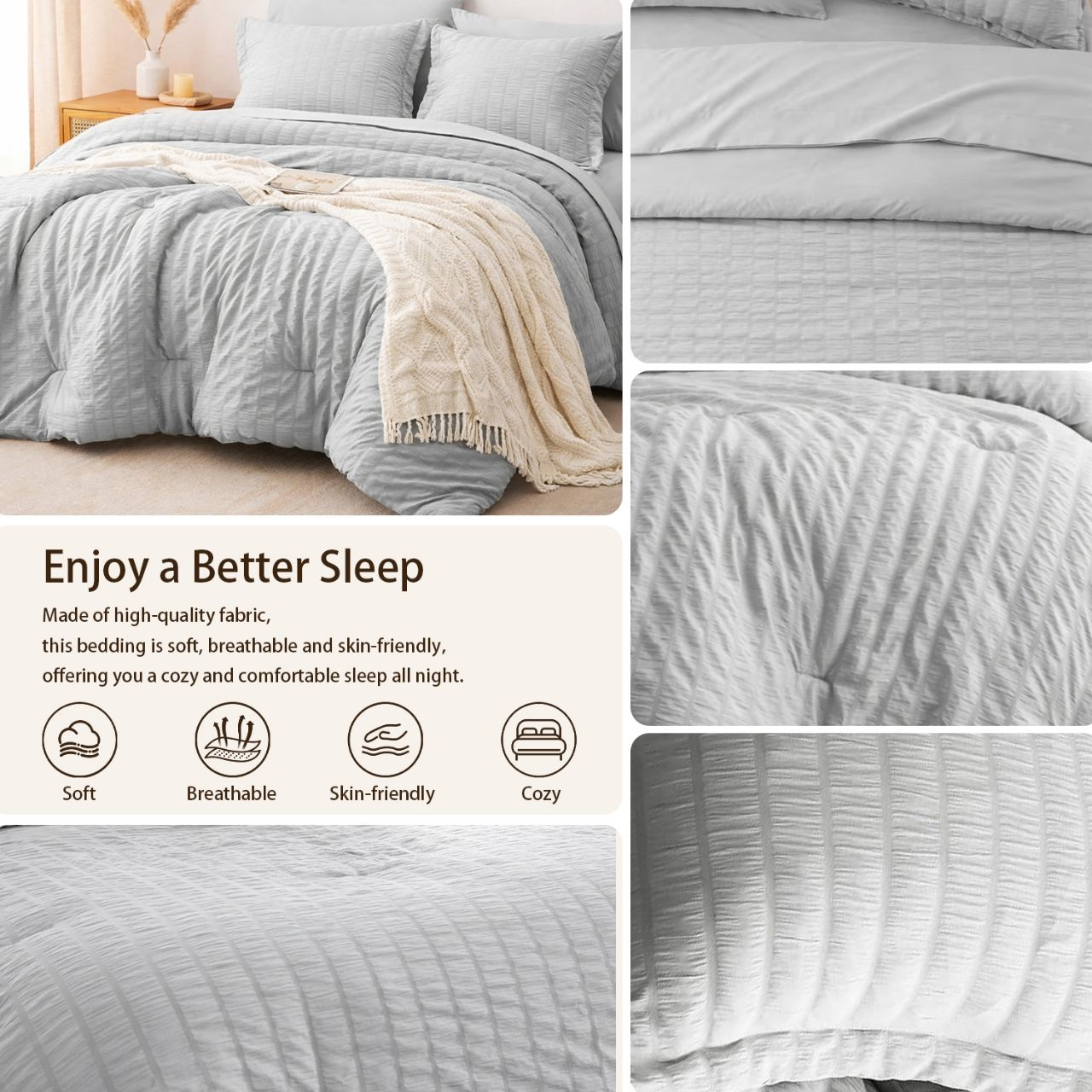 Luxury Seersucker Crinkle Comforter Set 3 Pcs Solid Color Double Sided Soft Lightweight All Season Bedding Set for Home Bedroom