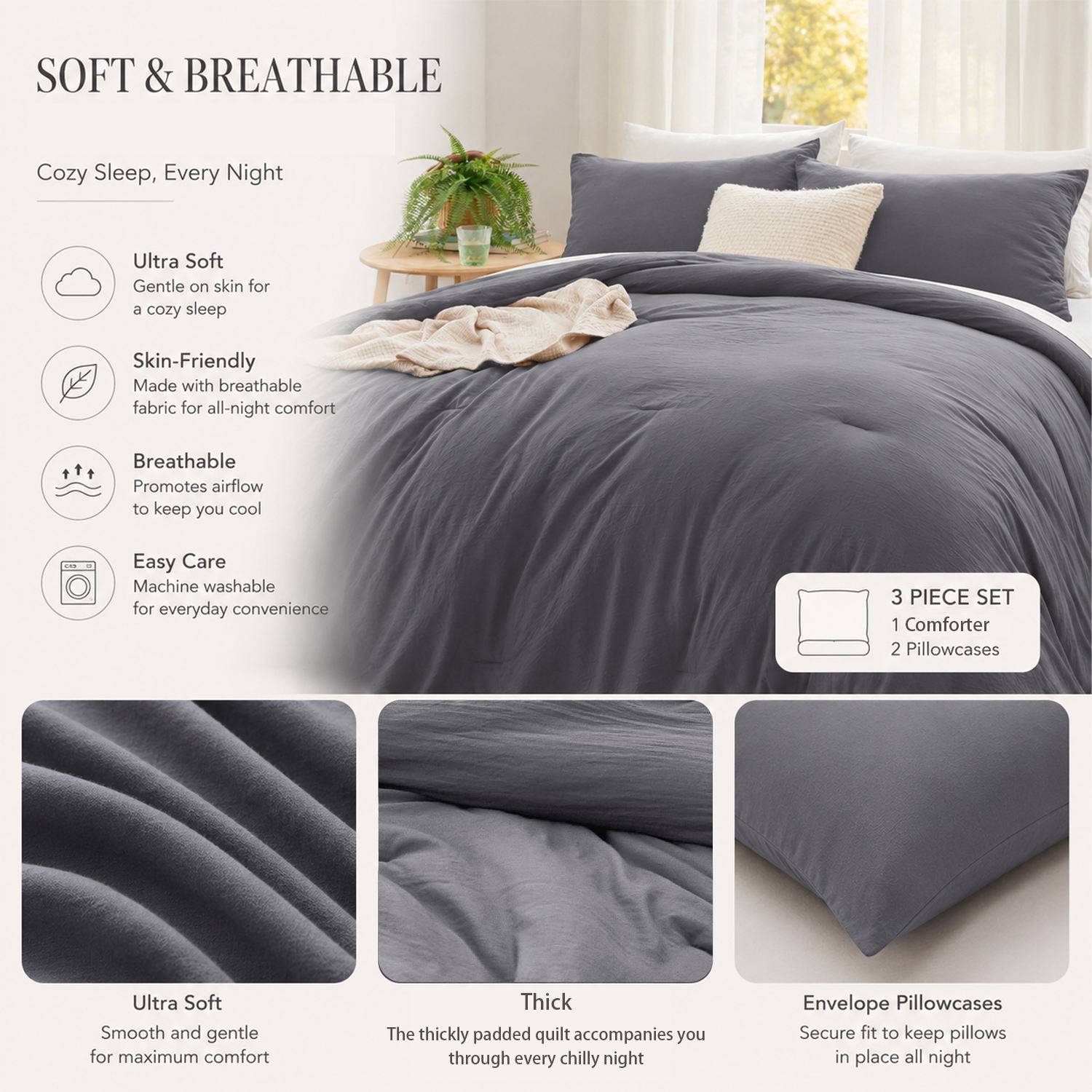 Wholesale High Quality Cooling & Warm Beige Reversible All Season Soft Eco-Friendly 3-Piece Bed Set 1 Comforter + 2 Pillow Cases