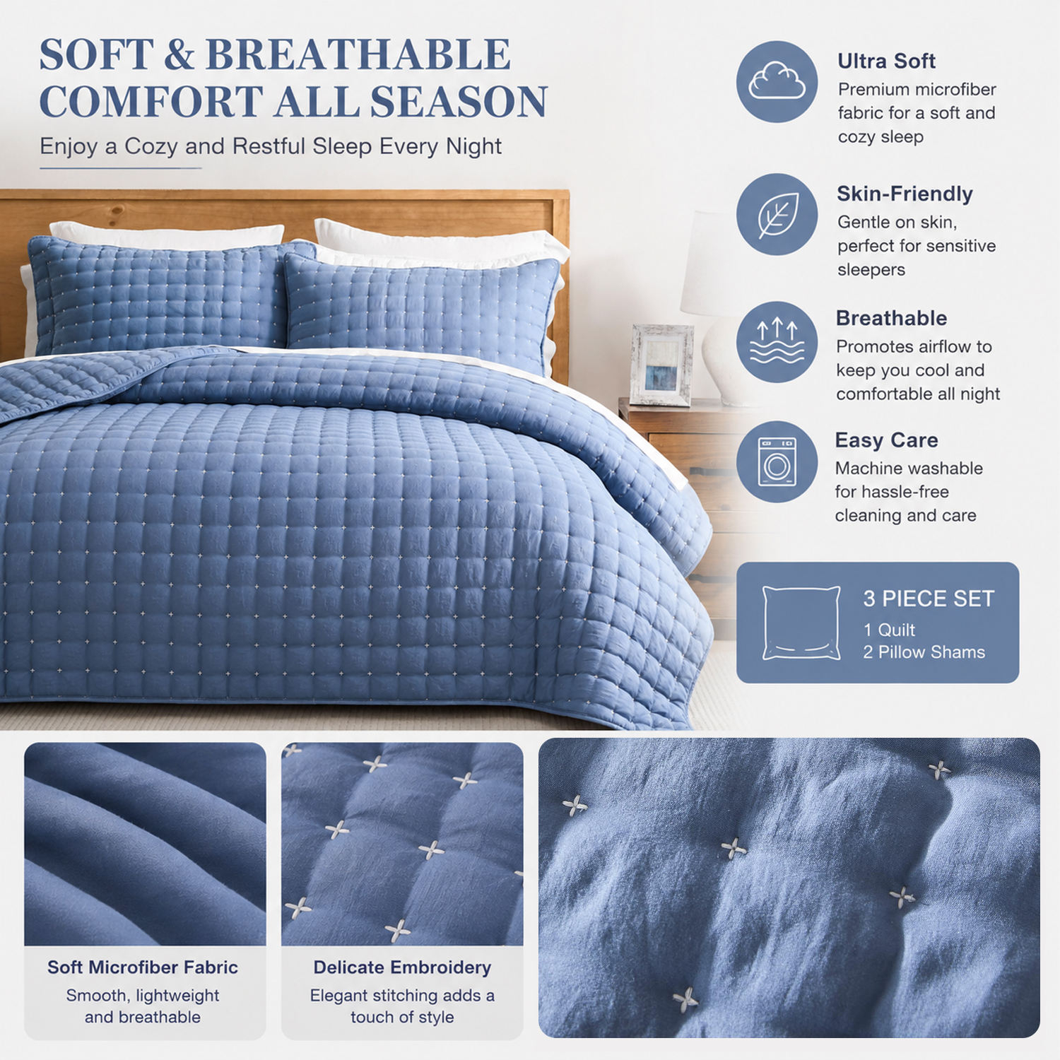 Factory Sales 100% Polyester Embroidery Quilt Set Cloud Soft Anti Pilling Coverlet All Season Bedding Set for Home Hotel OEM ODM