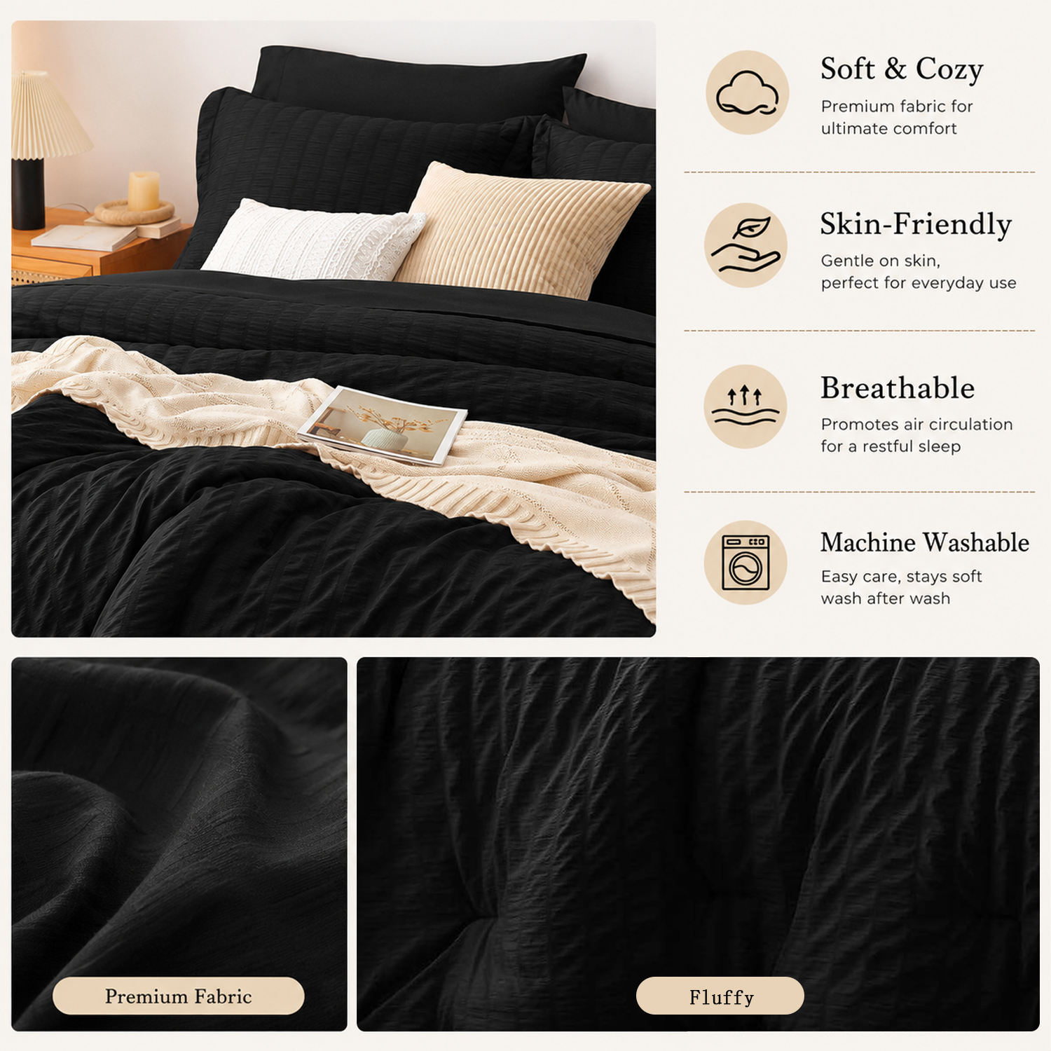 Luxury Seersucker Crinkle Comforter Set 3 Pcs Solid Color Double Sided Soft Lightweight All Season Bedding Set for Home Bedroom