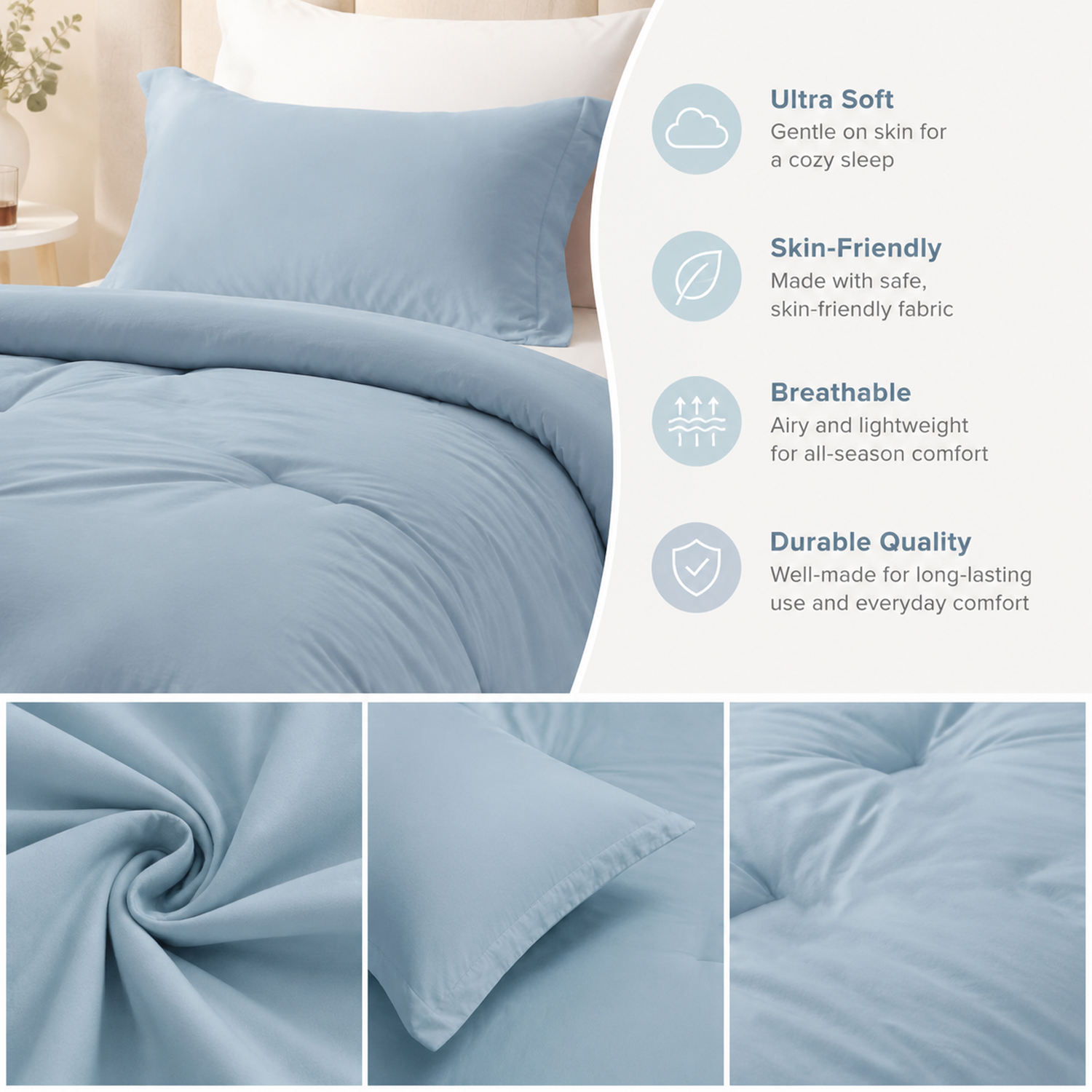 Wholesale Solid Color Polyester Quilted Comforter 3 Piece Set Washed Friendly Breathable All Season Bedding With 2 Pillowcases