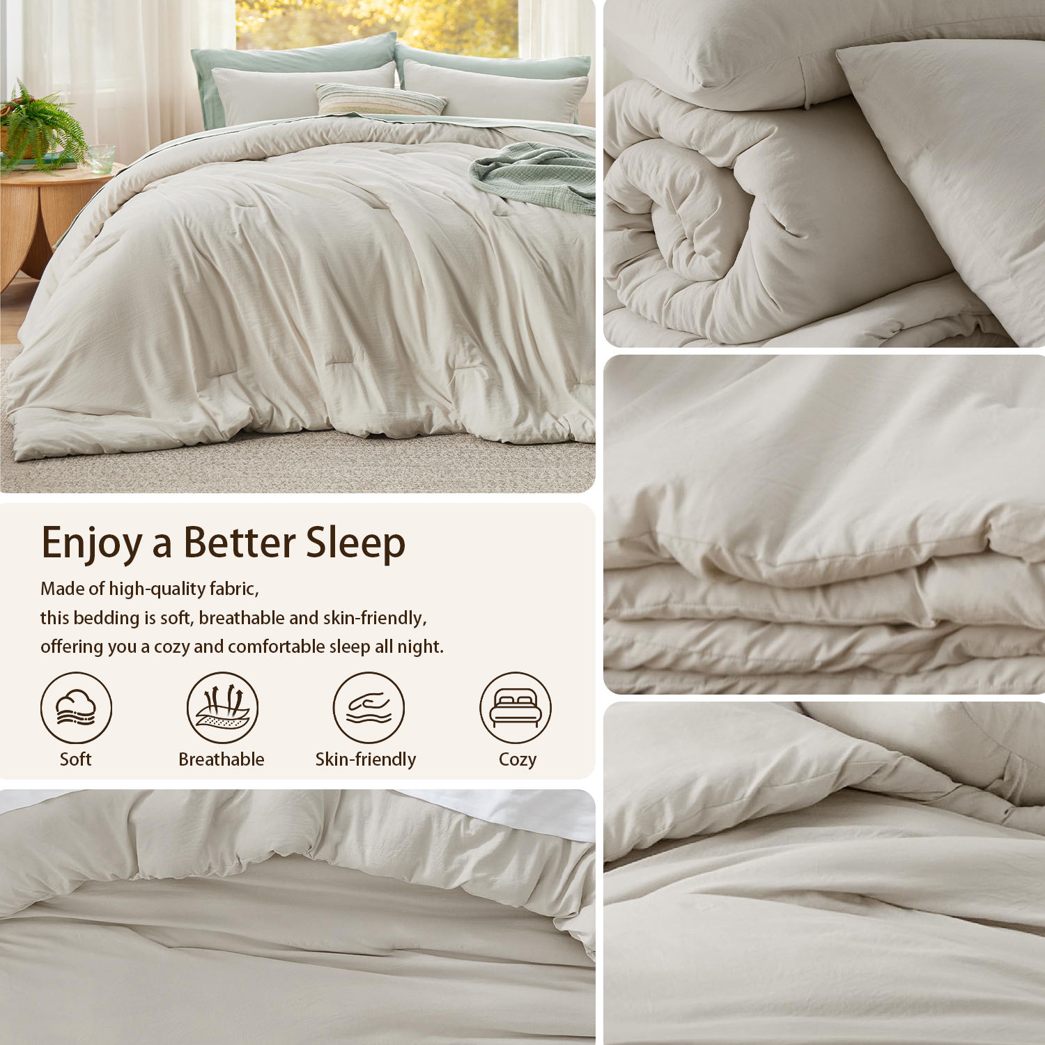 Wholesale High Quality Cooling & Warm Beige Reversible All Season Soft Eco-Friendly 3-Piece Bed Set 1 Comforter + 2 Pillow Cases