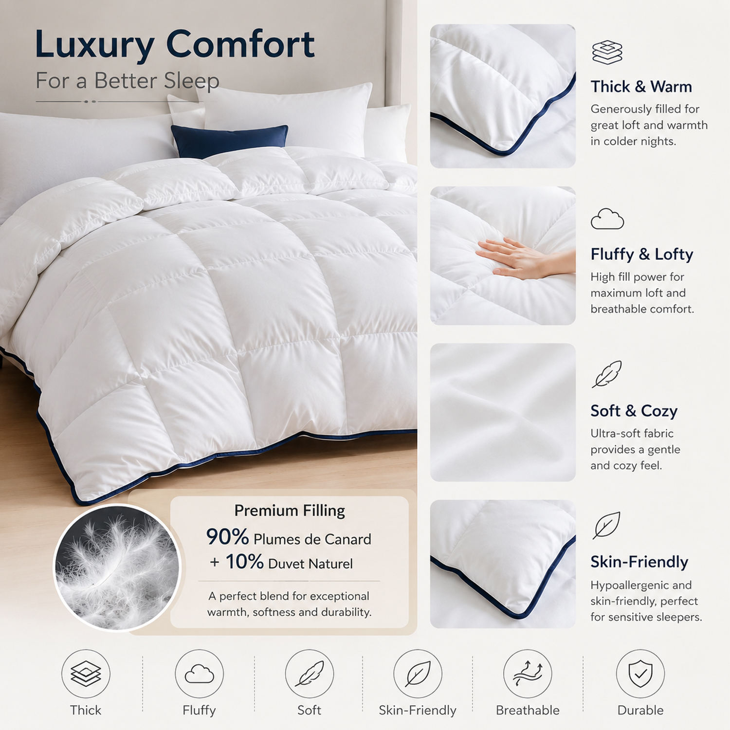Custom OEM Luxury Duck Feather Down Quilt Baffle Box Design Solid White Fluffy Warm Duvet Insert for Home Hotel Bedding Supplies