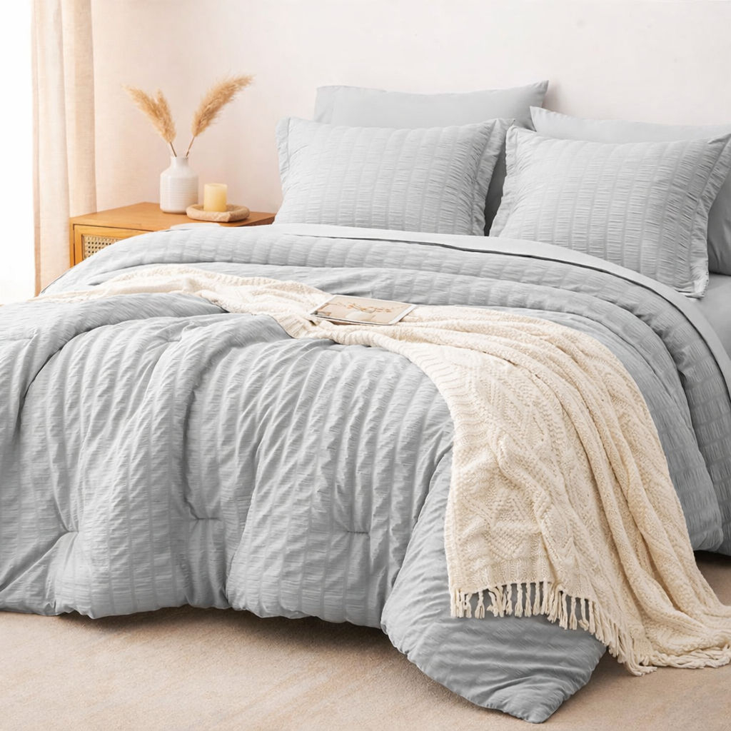 Luxury Seersucker Crinkle Comforter Set 3 Pcs Solid Color Double Sided Soft Lightweight All Season Bedding Set for Home Bedroom