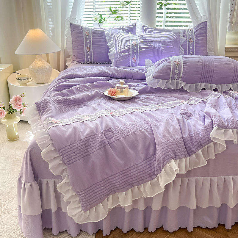 Custom OEM ODM French Style Princess Wind Washed Cotton Four Piece Bed Skirt Set With Embroidery for Summer Home Bedroom