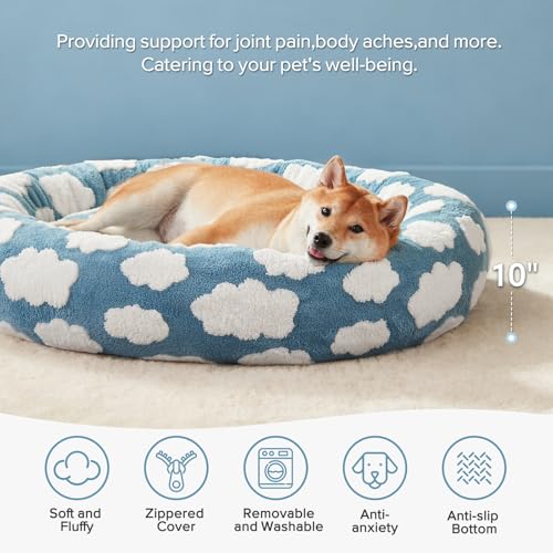 Cloud Pattern Donut Dog Bed, Calming Plush Bed for Large Dogs